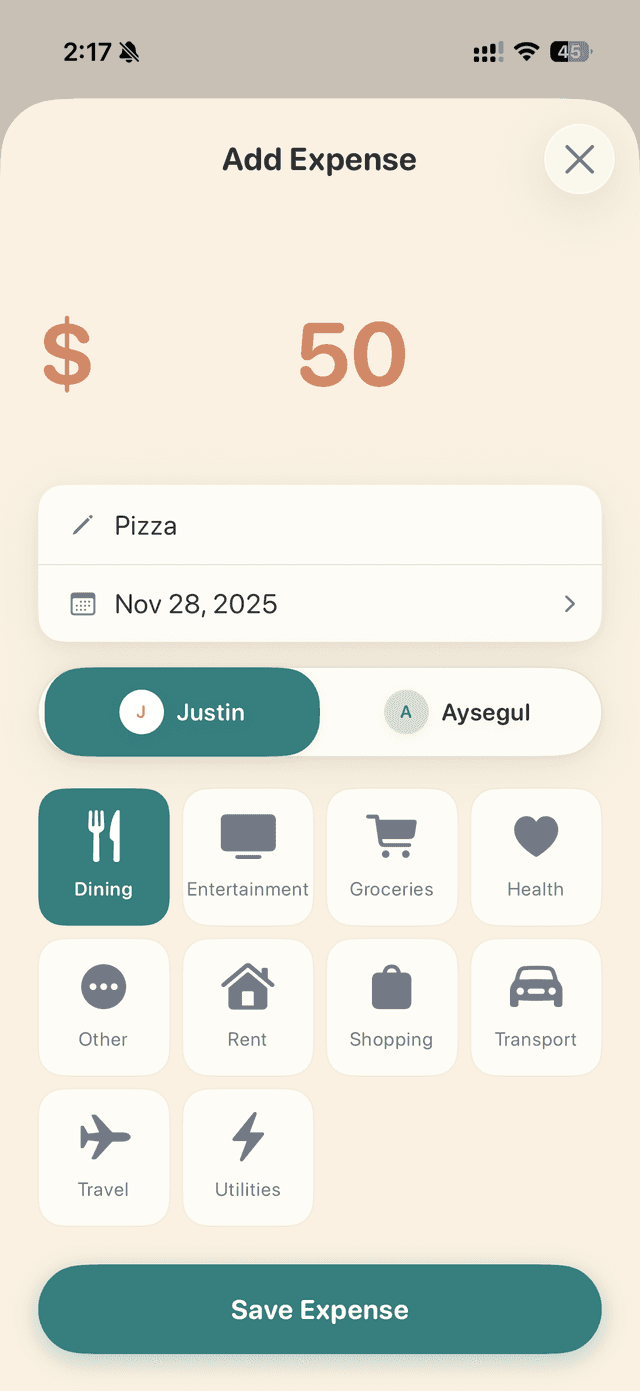Splitzies Add Expense screen showing $50 pizza expense