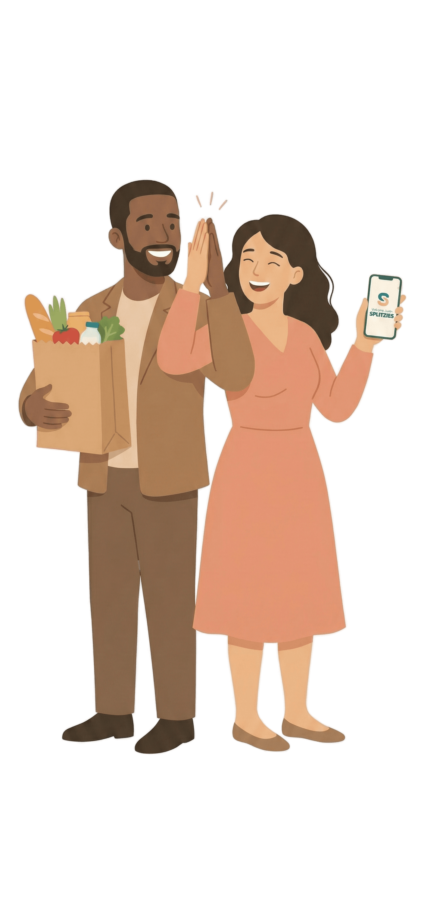 Happy couple high-fiving - guy holding groceries, girl holding phone with Splitzies app
